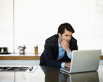 Buy stock photo Notification, businessman and laptop reading email in office for planning, research or campaign information. Corporate, male person and tech in workplace for online communication or internet feedback
