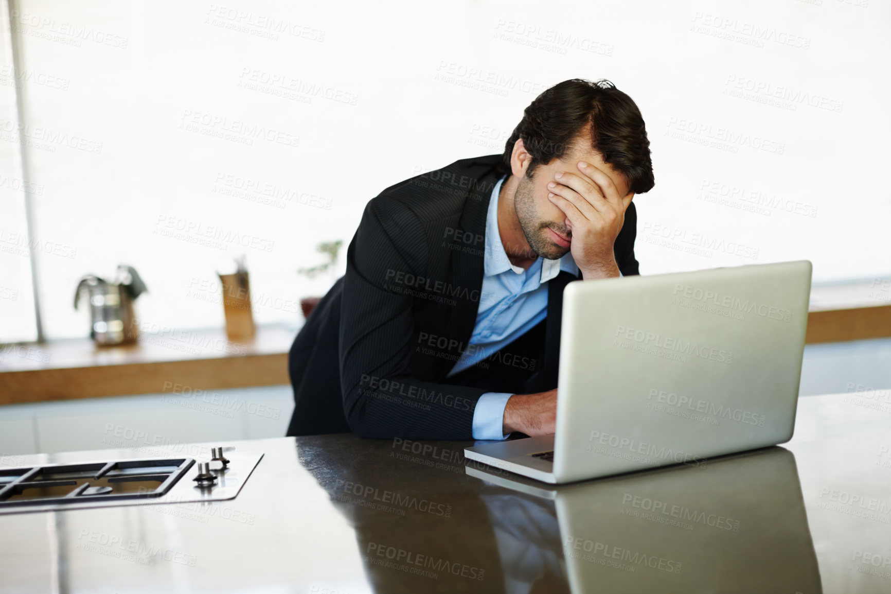 Buy stock photo Office, business and man with stress, laptop and mistake on project, email and feedback of failure. Employee, bookkeeper and person with computer, sad and headache for reading of review and tired