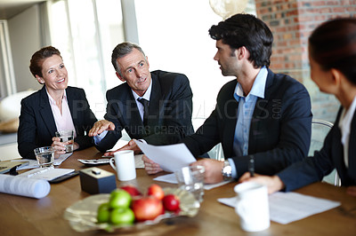 Buy stock photo Business people, group and meeting for budget, investment and planning with idea, review or documents. Financial, accounting or staff with teamwork, cooperation or conversation for funding or trading