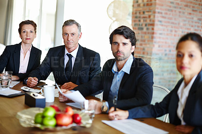 Buy stock photo Portrait, business people or team in office for meeting, discussion and deal negotiation. Corporate, colleagues or employees in boardroom together for contract review, collaboration and feedback