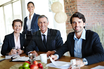 Buy stock photo Portrait, business people or team smile in office for meeting, discussion and deal negotiation. Corporate, colleagues or employees in boardroom for contract review, collaboration and feedback