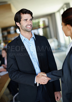 Buy stock photo Businessman, woman and handshake in office for welcome greeting, hello and hiring for recruitment for corporate job in management. People, shaking hands and agreement for b2b client partnership.