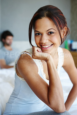 Buy stock photo Portrait, woman and smile in bed with confidence, weekend and couple relax in morning for rest in home. Happy, face or girl in bedroom for marriage, pride or comfort in hotel room, house or apartment