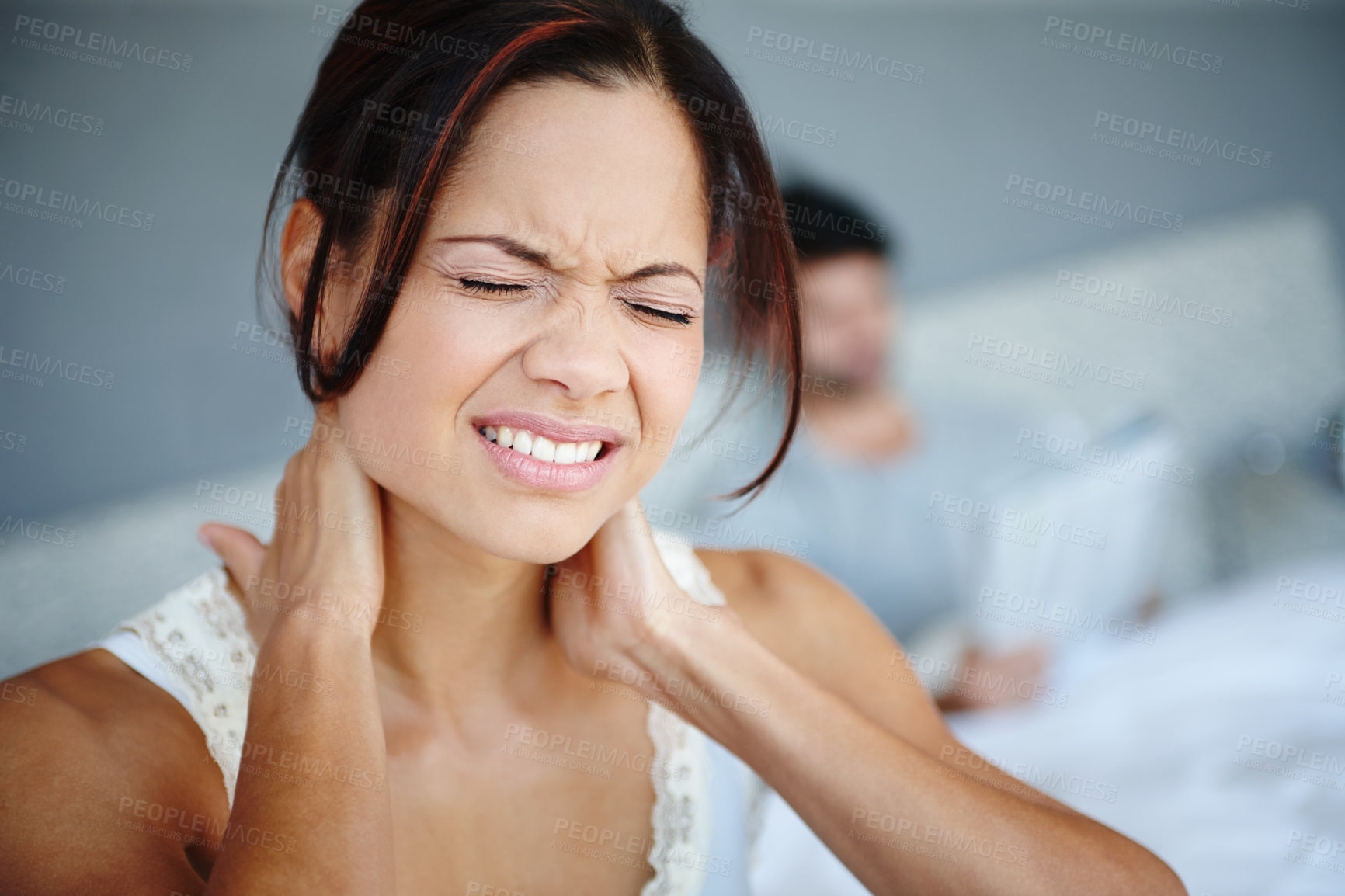 Buy stock photo Frustrated woman, neck pain and bed with injury for morning, stress or depression at home. Upset female person with sore ache, spasm or muscle tension from sleep, insomnia or burnout in bedroom