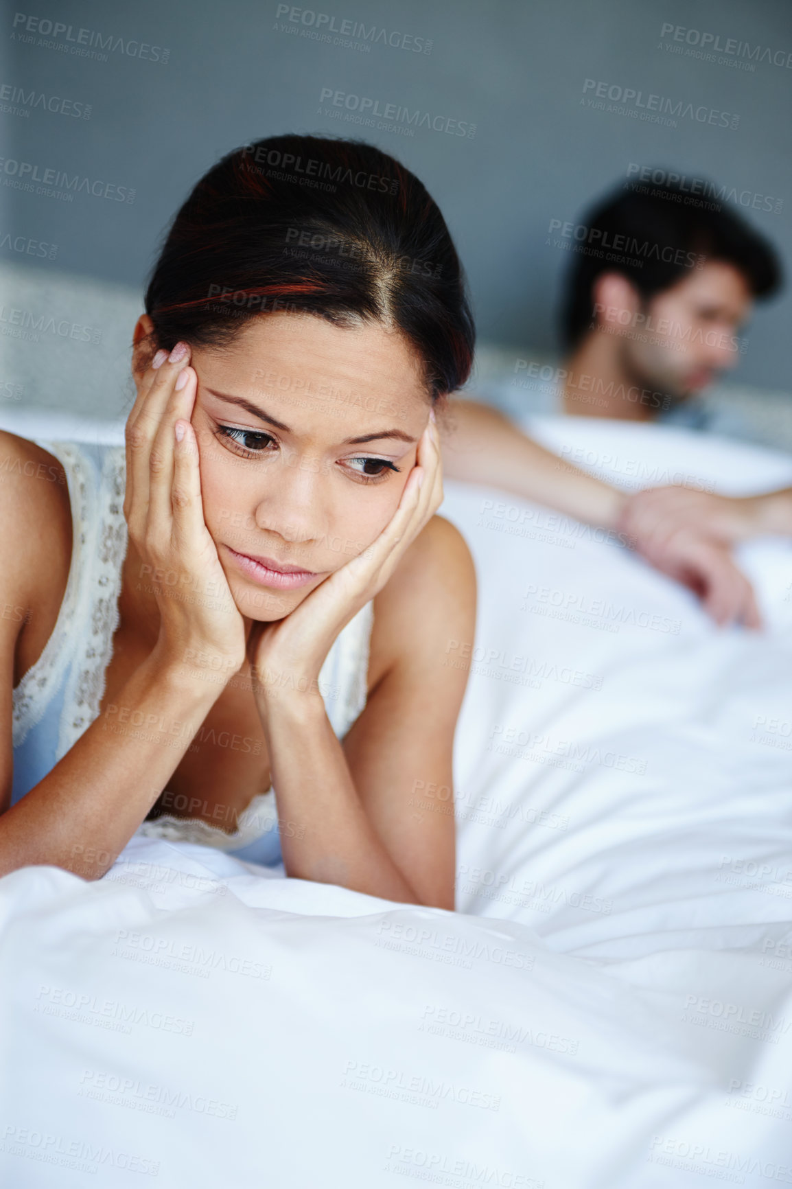 Buy stock photo Woman, upset and couple in bedroom for problem, fight or erectile dysfunction, Conflict, bored and female person with stress husband for frustrated, disappointed or relationship argument in home