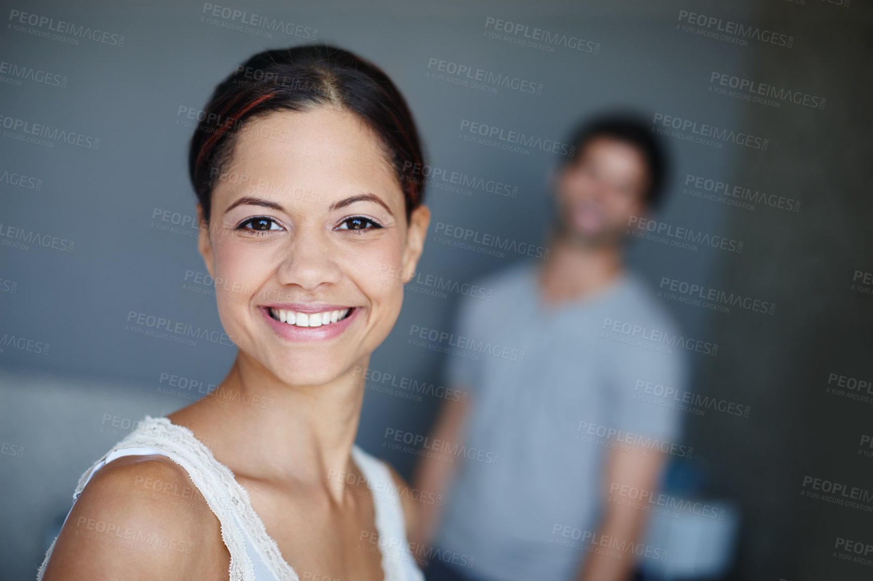 Buy stock photo Portrait, woman and man in bedroom with wake up, relax and smile for morning confidence in home. Happy, face and couple with pride, wellness and romantic marriage in hotel room, house or apartment.