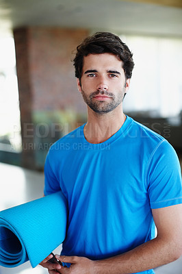 Buy stock photo Portrait, fitness and man with yoga mat in gym to exercise, training and workout for wellness in class for health. Athlete, male person and sports goal with energy, balance and cardio gear in morning