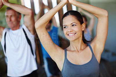 Buy stock photo Yoga class, fitness and prayer hands for exercise, holistic and training for balance and breath work. Wellness, health and studio for zen and calm workout, pilates and people in gym for wellbeing