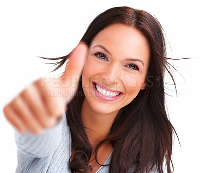 Buy stock photo Woman, studio and portrait with thumbs up, smile and thank you for approval or feedback. Model, face and emoji with review, celebration and achievement for vote or support with hand gesture or sign