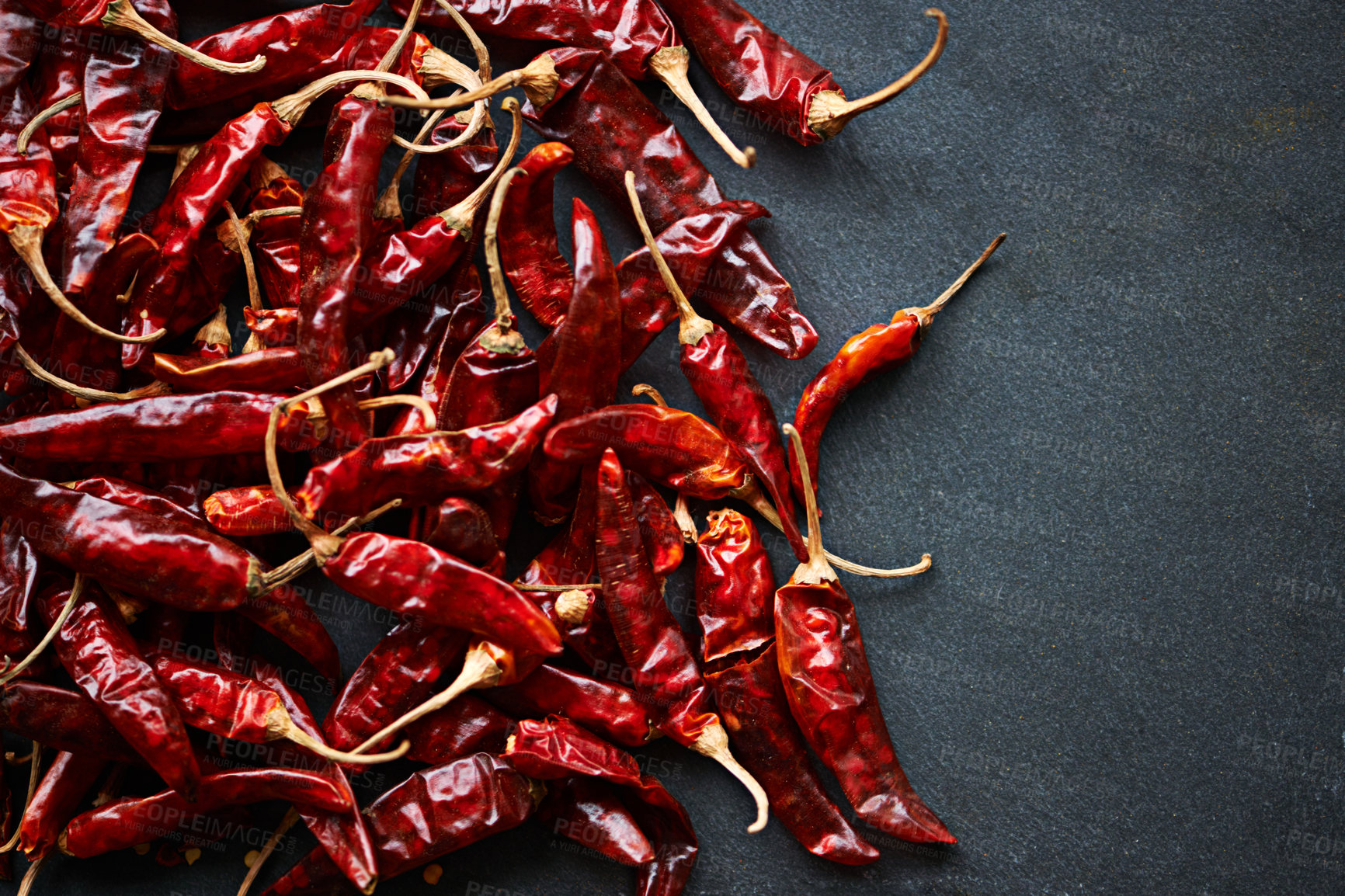 Buy stock photo Above, chilli and mockup for pepper, spices and flavor for dry ingredient for cooking, cuisine and food. Paprika, cayenne or condiment and spicy with red colour for capsicum and heat in dish or meal