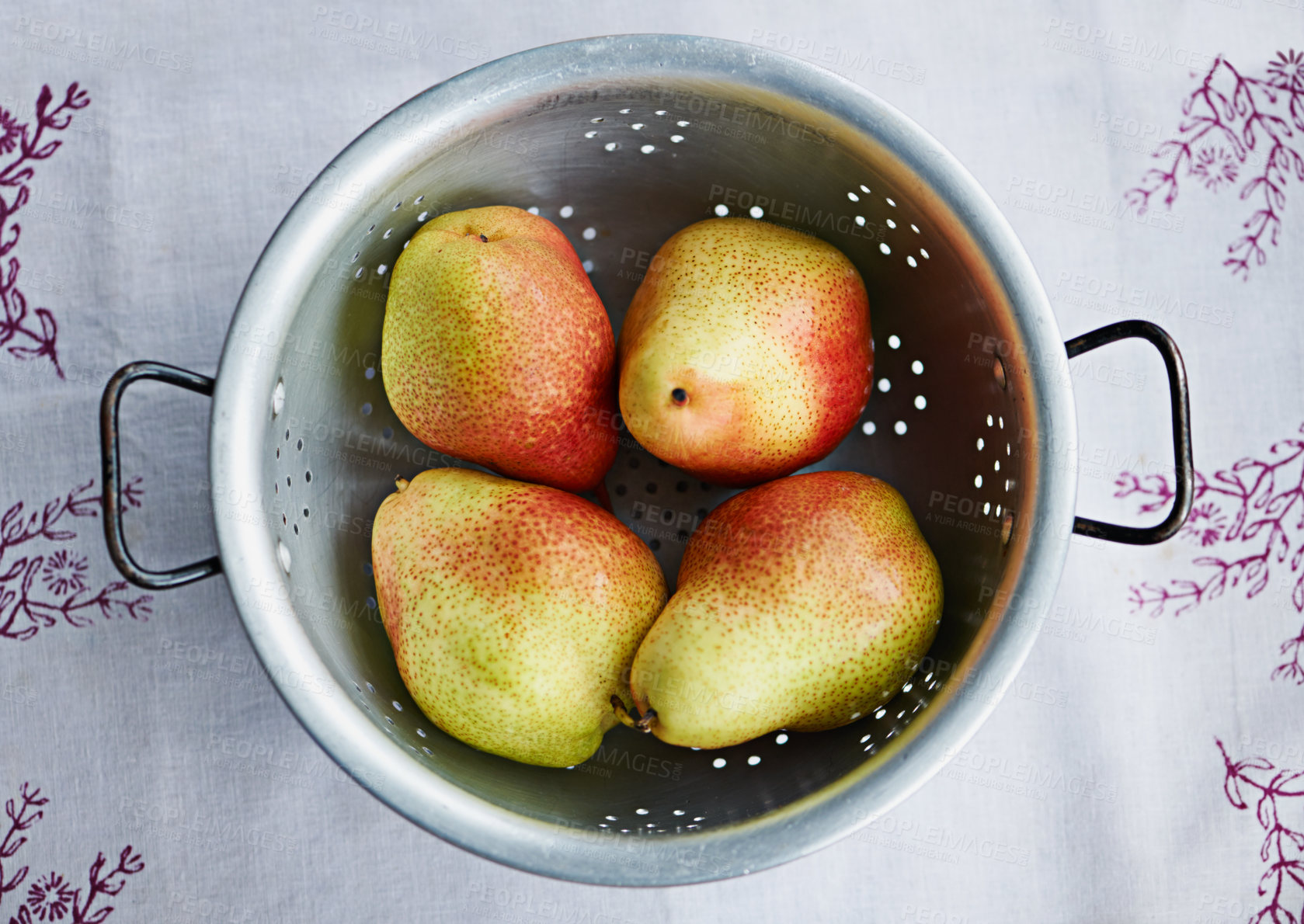 Buy stock photo Food, fruits or bowl of pears in kitchen for fiber, organic or balanced diet for nutrition, meal or vitamin c. Background, above and healthy natural ingredients for vitamins, fresh or raw produce