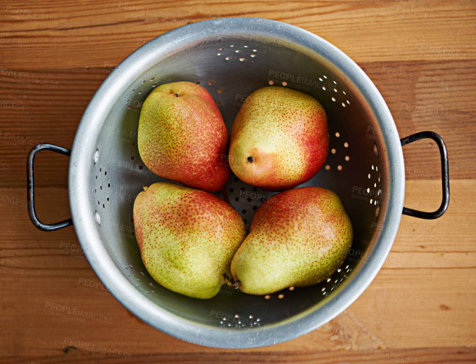 Buy stock photo Fresh, healthy or bowl pears in kitchen for fruits, organic or balanced diet for nutrition, above or snacks. Home, fiber or background of natural ingredients for vitamins, grocery sale or raw food