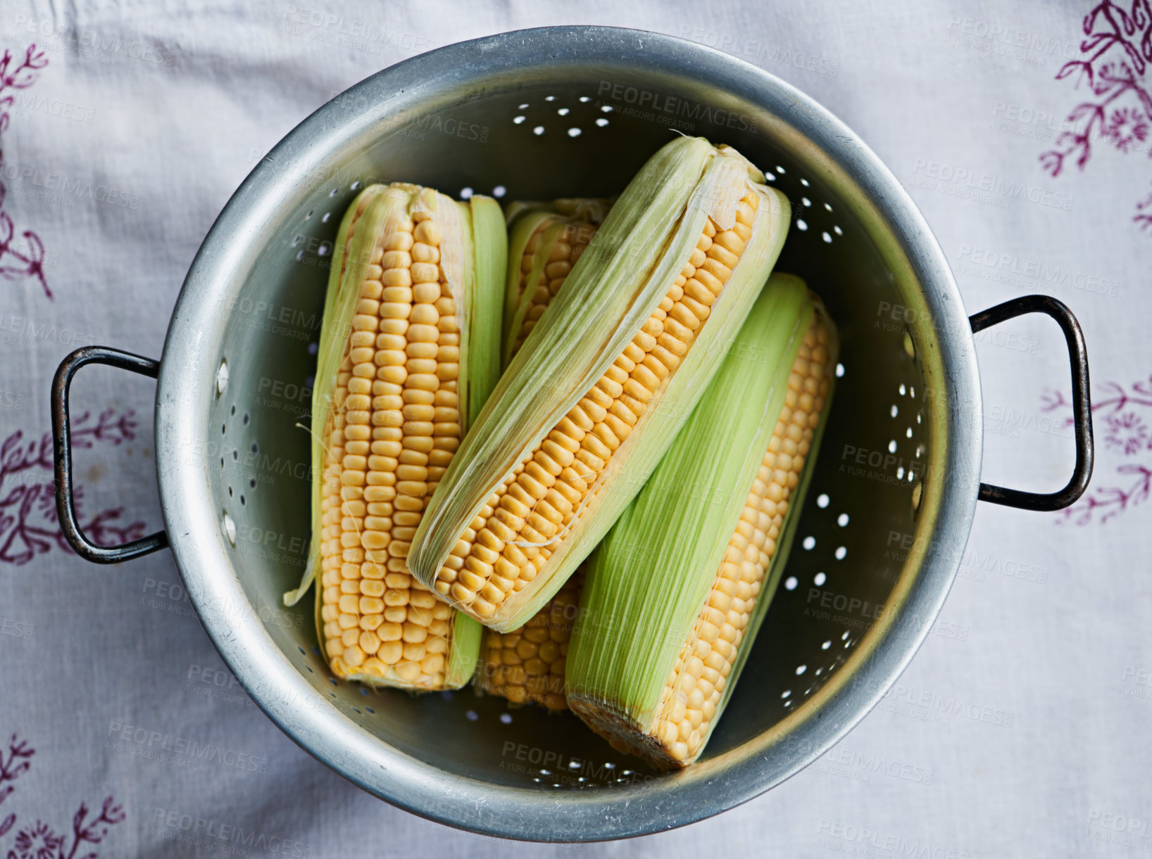 Buy stock photo Closeup, corn or maize on table for raw fruit, wellness or healthy nutrition in home meal or kitchen. Cobs, background or above of natural produce for organic food, fiber or vitamin b in lunch diet