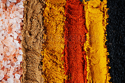 Buy stock photo Row, spice and selection of powder for seasoning, turmeric and paprika for meal. Top view, condiments and options for spicy cooking in Indian culture, cumin and food preparation in closeup for aroma