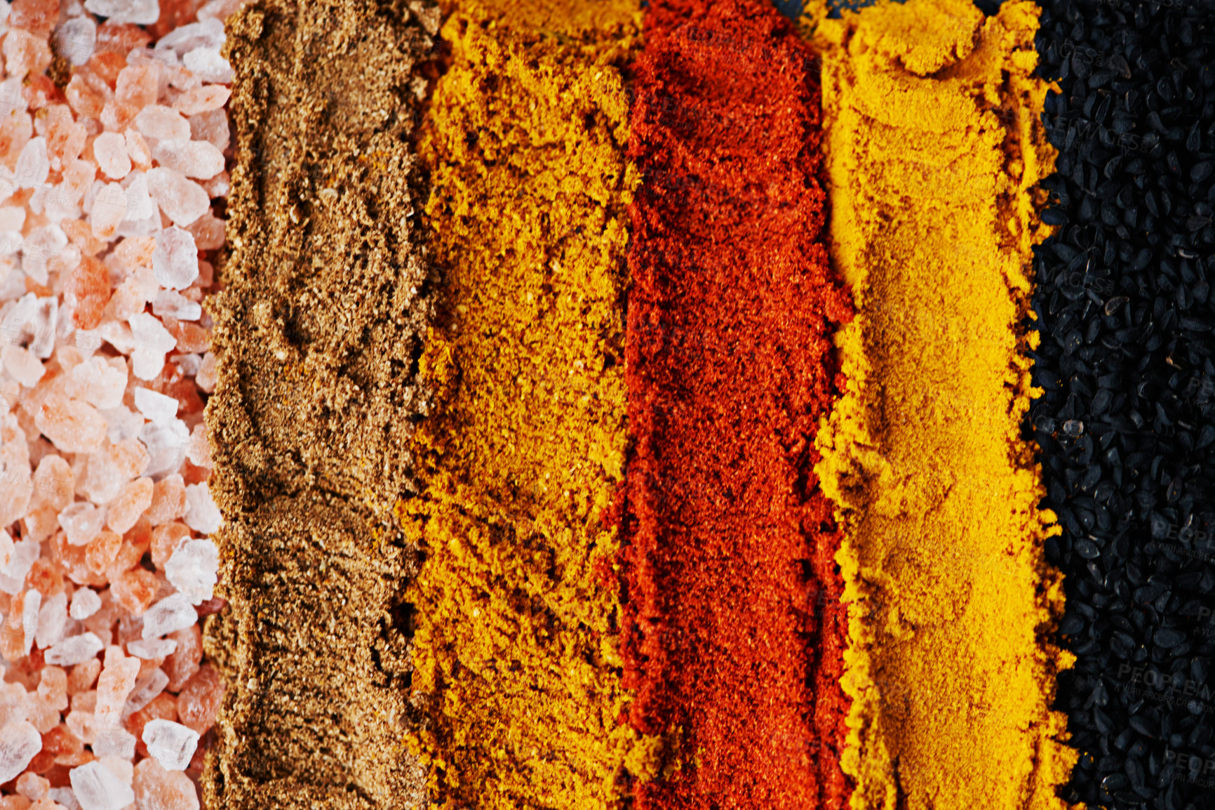 Buy stock photo Row, spice and selection of powder for seasoning, turmeric and paprika for meal. Top view, condiments and options for spicy cooking in Indian culture, cumin and food preparation in closeup for aroma