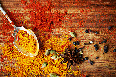 Buy stock photo Spices, spoon and collection of ingredients on table, catering and cooking with flavor for culinary background. Ground seasoning for meal, cuisine and natural aroma, color and top view for food