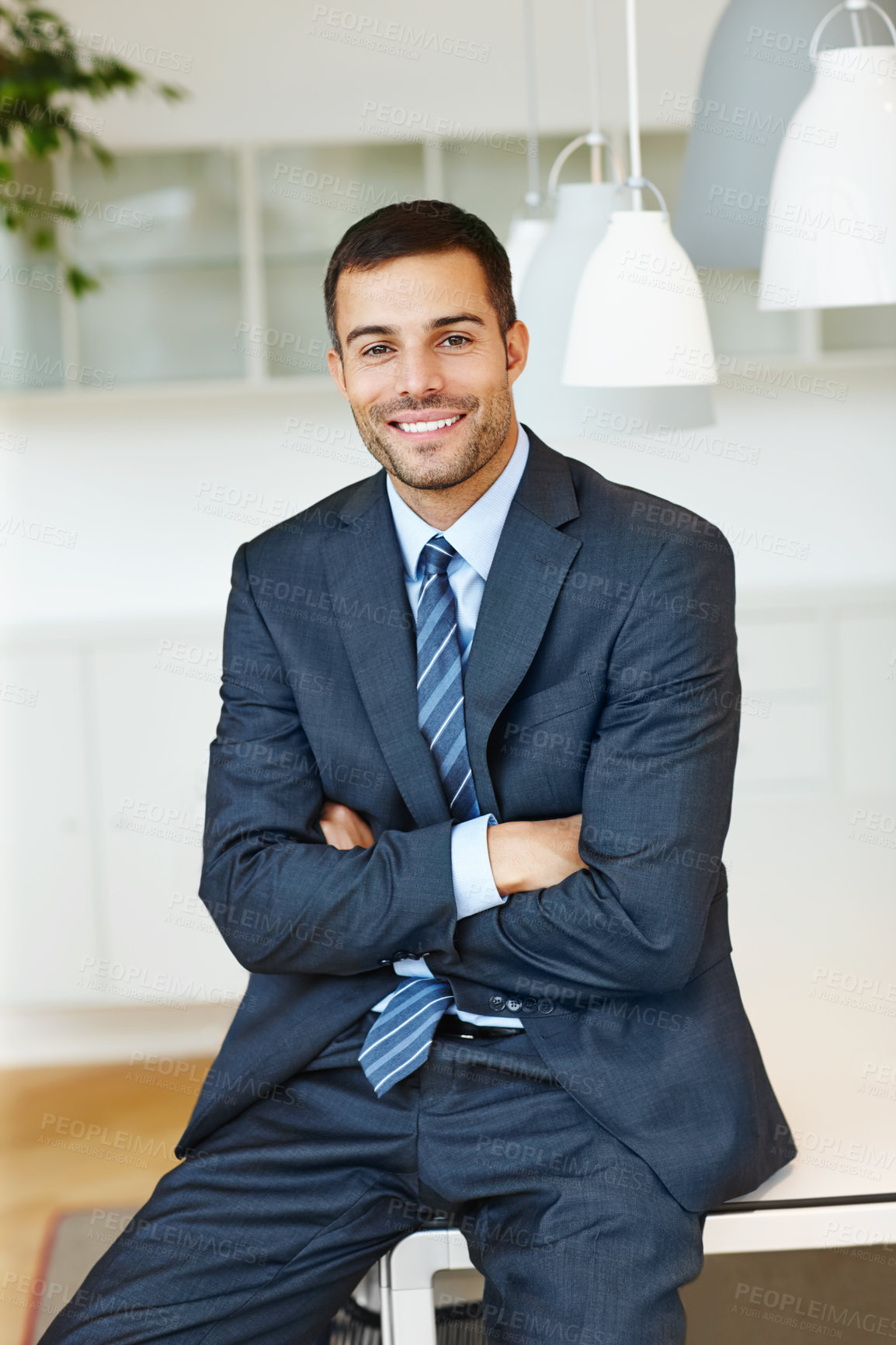 Buy stock photo Portrait, confident and businessman with smile in office as lawyer at firm for goal of company growth or future mission. Happy, male attorney and corporate in suit, arms crossed or project at agency
