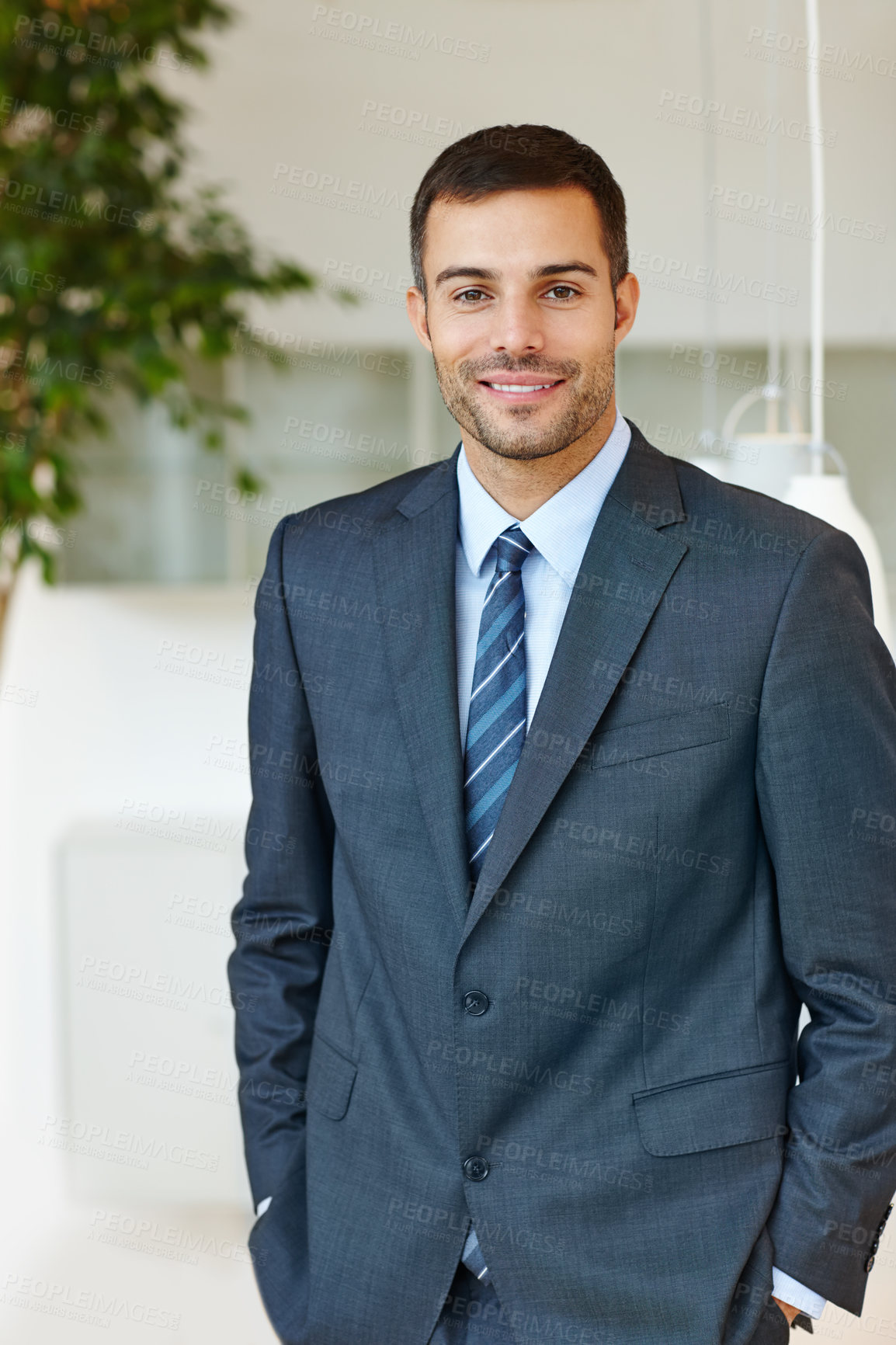 Buy stock photo Corporate, portrait and suit with business man at office for start of professional career as intern. Company, confident and happy with smile of formal employee in workplace for administration