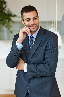 Buy stock photo Corporate, suit and thinking with business man at office for start of professional career as intern. Company, future or vision and smile of happy employee in workplace with idea for administration