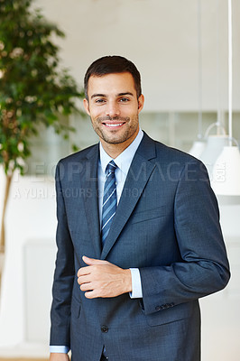 Buy stock photo Company, portrait and suit with business man at office for start of professional career as intern. Confident, corporate and happy with smile of formal employee in workplace for administration