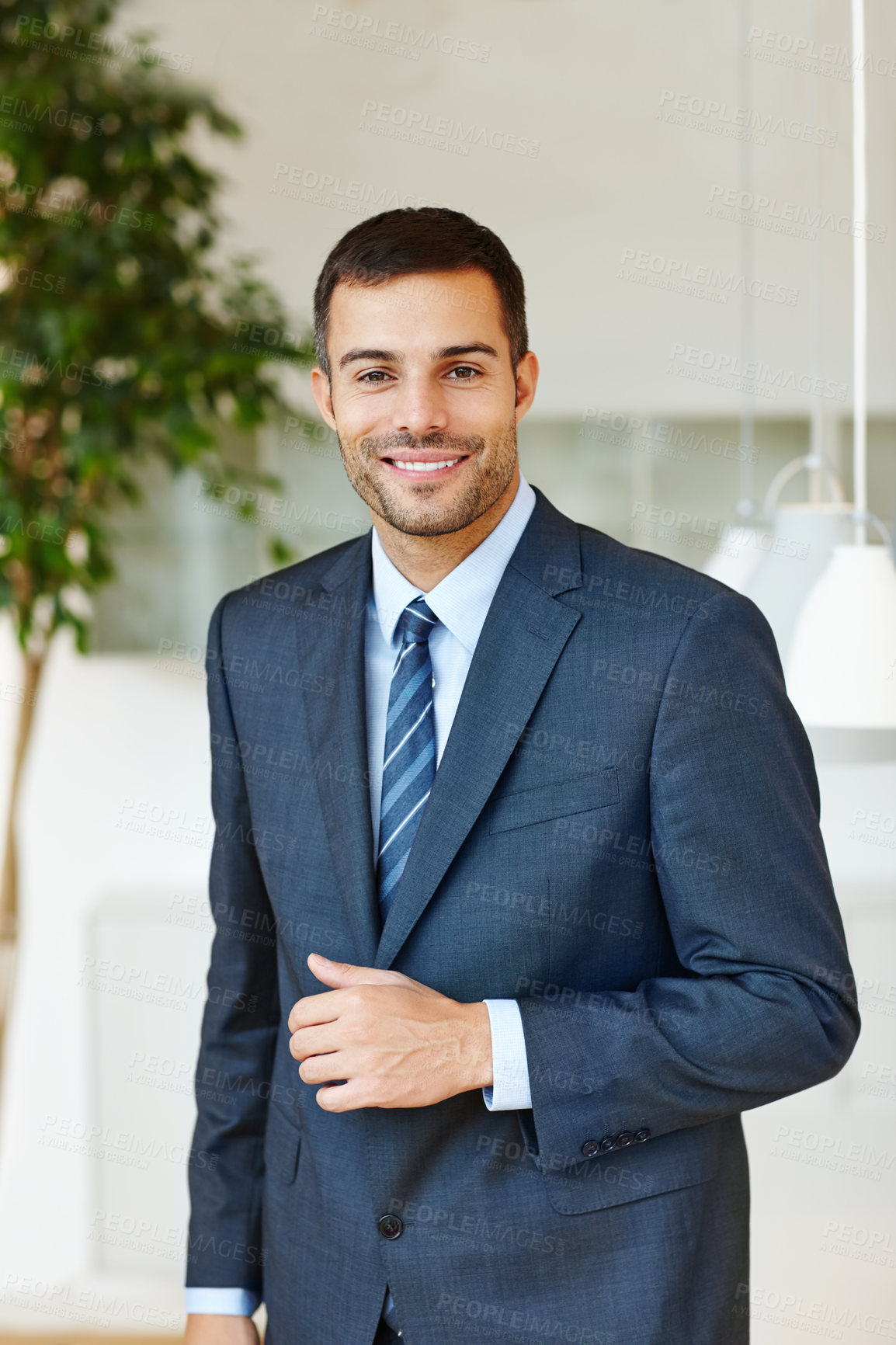 Buy stock photo Company, portrait and suit with business man at office for start of professional career as intern. Confident, corporate and happy with smile of formal employee in workplace for administration