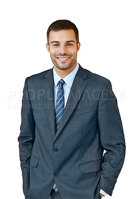 Buy stock photo Portrait, proud or happy businessman in studio for corporate company or job on white background. Confident, smile and face of professional entrepreneur, consultant and salesman in suit for career