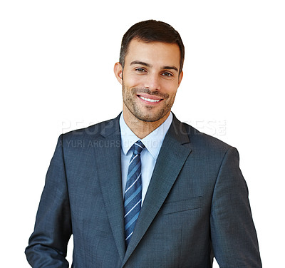 Buy stock photo Portrait, pride or happy businessman in studio for corporate company or job on white background. Confident, smile and face of professional entrepreneur, consultant and salesman in suit for career