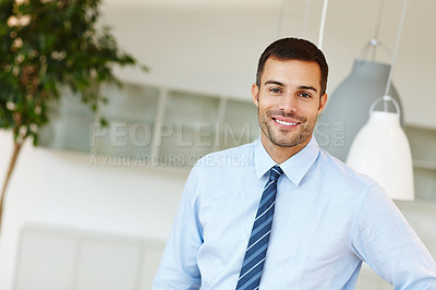 Buy stock photo Justice, legal and portrait of with lawyer man in office of firm or practice for legislation or litigation. Consulting, professional and tie with smile of happy attorney in workplace for court case