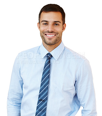 Buy stock photo Portrait, business and happy man in studio for corporate company or job on white background. Face, confidence and smile of professional entrepreneur, consultant and salesman in tie working for career