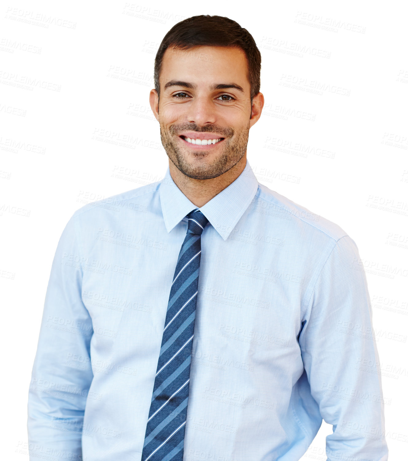 Buy stock photo Portrait, business and happy man in studio for corporate company or job on white background. Face, confidence and smile of professional entrepreneur, consultant and salesman in tie working for career