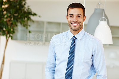 Buy stock photo Legal, portrait and smile with lawyer man in office of firm or practice for legislation or litigation. Advisor, consulting and professional with happy attorney in tie at workplace for court case