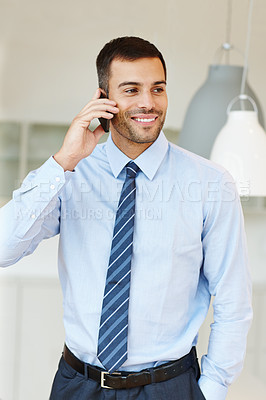 Buy stock photo Businessman, phone call and in office networking or finance consultant for stock market, accounting or thinking. Male person, cellphone and smile for company growth with investing, report or feedback