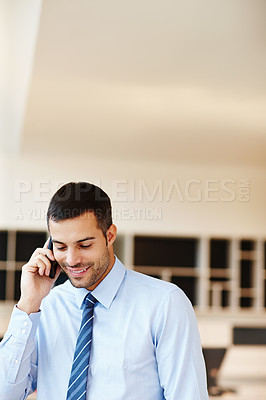 Buy stock photo Phone call, smile or businessman consulting for project in conversation, office or communication. Broker, talking or happy financial advisor networking in investment deal or listening to news update