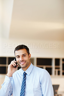 Buy stock photo Phone call, smile or businessman consulting in portrait for office project in conversation or communication. Broker, talk or happy financial advisor networking in investment deal or listening to news