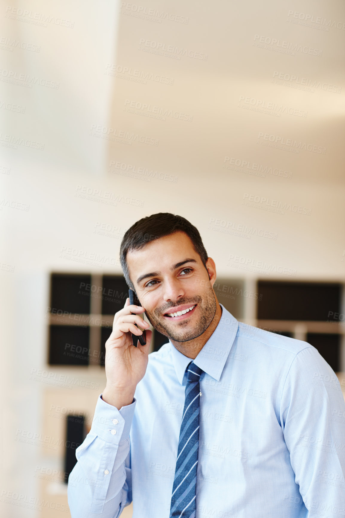 Buy stock photo Businessman, thinking and networking phone call in office as real estate investor for deal, planning or decision. Male person, face and cellphone for property loan with client, trust or commission