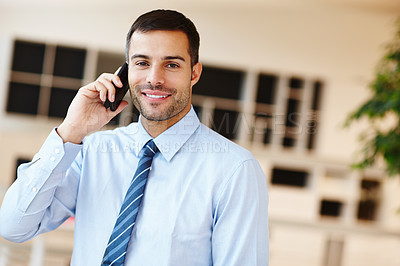 Buy stock photo Businessman, portrait and networking phone call in office as real estate investor for deal, communication or budget. Male person, face and cellphone for property loan with client, trust or commission