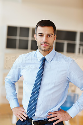 Buy stock photo Legal, portrait and serious with lawyer man in office of firm or practice for legislation or litigation. Advisor, consulting and professional with confident attorney in workplace for court case