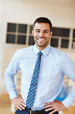 Buy stock photo Legal, portrait and professional with lawyer man in office of firm or practice for legislation or litigation. Advisor, consulting and tie with smile of happy attorney in workplace for court case