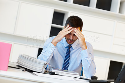 Buy stock photo Business man, stress and deadline with folder, documents and paperwork management in accounting. Worker, accountant or auditor with headache for bookkeeping mistake, confused and burnout in office