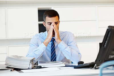 Buy stock photo Business man, stress and deadline with documents, folder and paperwork management in accounting. Corporate worker, accountant or auditor worry for bookkeeping mistake, anxiety or burnout on computer