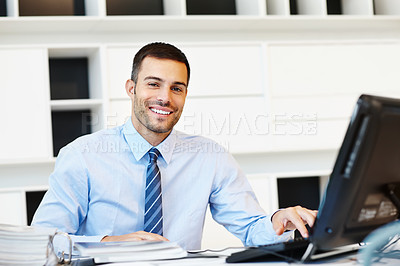 Buy stock photo Computer, portrait and smile with lawyer man in office of firm or practice for research or legislation. Consulting, information and report with smile of happy attorney in workplace for court case