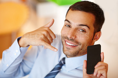 Buy stock photo Phone call, hand gesture or happy businessman in portrait for office project, conversation or deal communication. Consultant, face or financial advisor networking for investment, negotiation or news