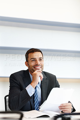 Buy stock photo Business man, thinking and planning with paperwork for legal ideas, solution and brainstorming in office. Corporate worker, lawyer or attorney with article or case study with smile for good review