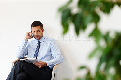 Buy stock photo Phone call, magazine or businessman in office talking for project, conversation or deal communication. Consultant, reading story or financial advisor networking for investment, negotiation or news