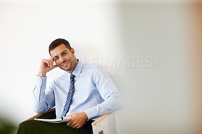 Buy stock photo Businessman, portrait and reading magazine in waiting room for job, meeting and appointment in office. Accountant, recruitment and interview for financial career with pride or confidence in New York