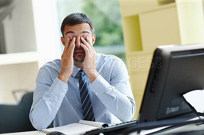 Buy stock photo Business man, tired and deadline with computer, documents and paperwork for accounting report in office. Corporate worker, accountant or auditor with burnout and mental health risk in finance career