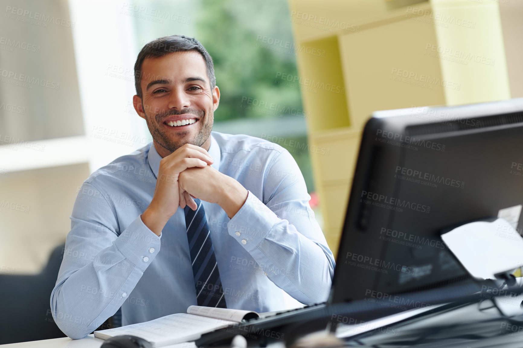 Buy stock photo Businessman, happy and portrait with computer at desk for work research, online connection and communication. Smile, male person or account manager with pc and documents on table for company report 