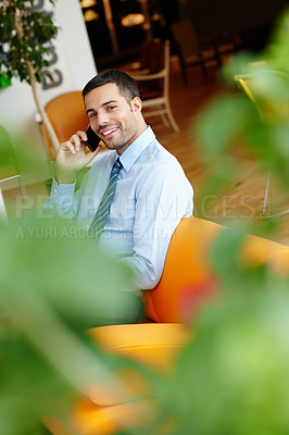 Buy stock photo Phone call, portrait or man in business talking for office project, conversation or deal communication. Consultant, smile and financial advisor networking for investment, negotiation or listening