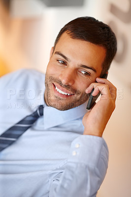 Buy stock photo Phone call, smile or businessman speaking of office project, conversation or deal communication. Consultant, happy or financial advisor networking for investment, negotiation or listening to news