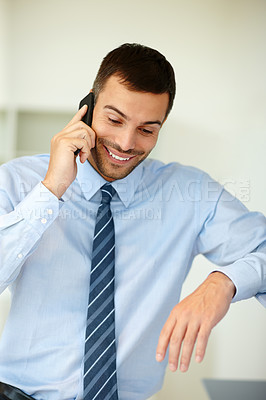 Buy stock photo Phone call, news or happy businessman listening to office project, conversation or deal communication. Consultant, smile and financial advisor networking for investment, b2b negotiation or talking